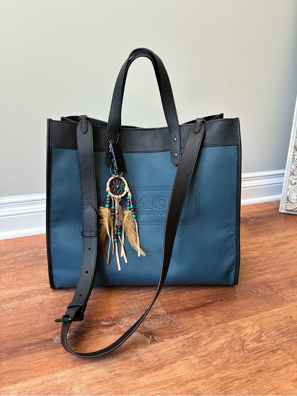 Coach Field Tote 40, Leather, Sea Blue / Navy, C1049